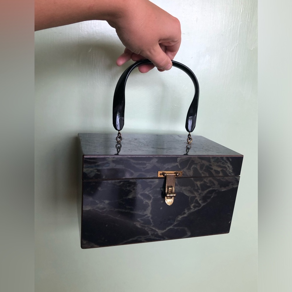 Vintage Black Purse Lucite Top Handle, Rectangle Cube Hand Bag Green Lining